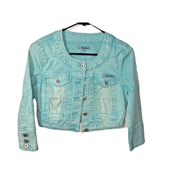 Denim Foxy Jeans Soft Turquoise Cropped Jacket Size Small - Picture 1 of 5